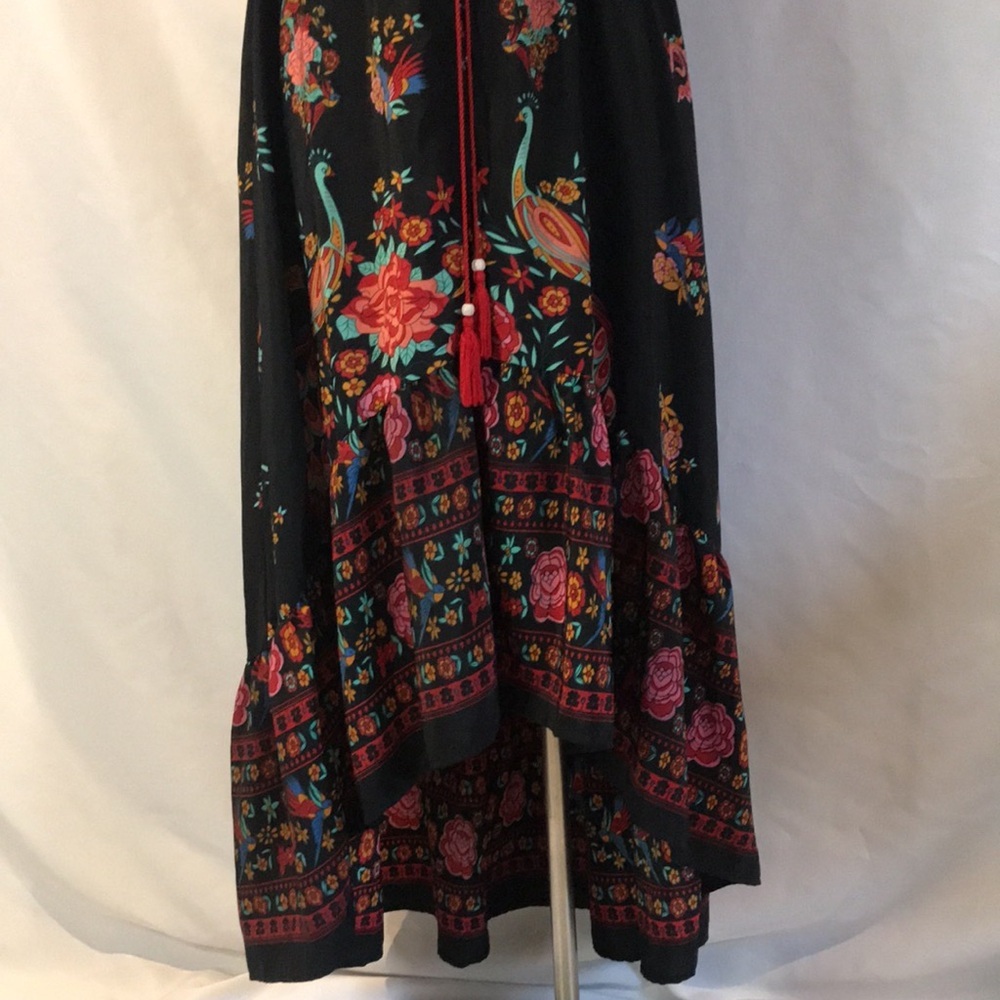 Black floral peacock colorful print short sleeves hi-low maxi dress boho gypsy M - Picture 3 of 16